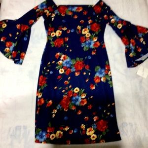 Olivia Matthews blue floral mid shoulder to flare mid sleeve knee length dress